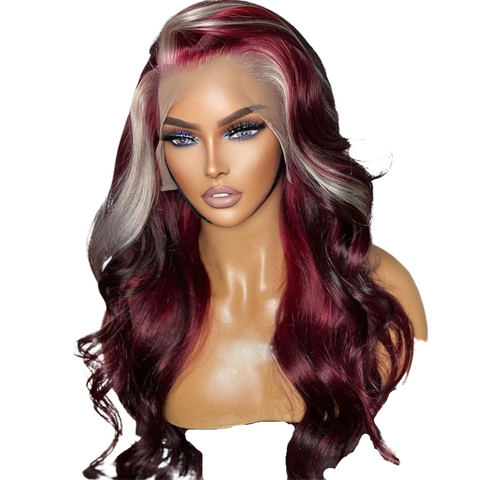 Blonde with Burgundy Body Wave Human Hair Lace Wig Pre Plucked