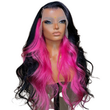 Black with Pink Body Wave Wig with Baby Hair